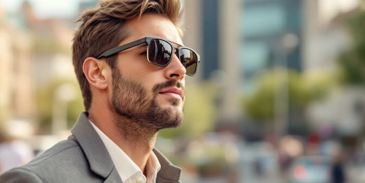 Man in luxury sunglasses against a sunny city backdrop.