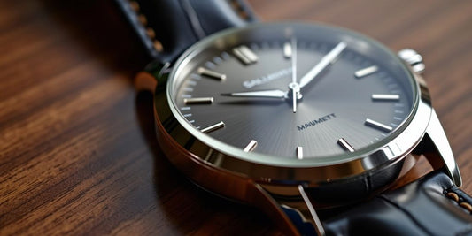 Elegant men's dress watch on a wooden surface.