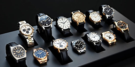 Collection of ten luxury watches on black surface