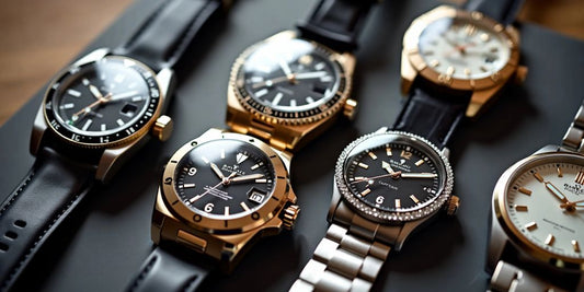 Luxury watches displayed on a sleek surface.