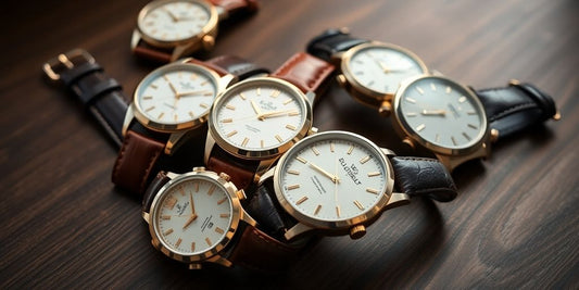 Classic luxury watches arranged elegantly on a wooden surface.