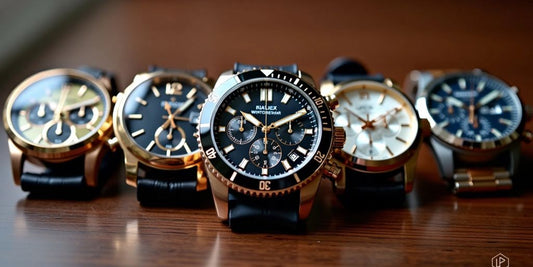 Five luxury watches on a wooden surface