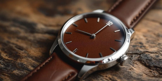 Close-up of a genuine leather strap watch on wood.