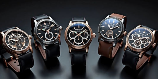 Five Pagani Design watches on black surface