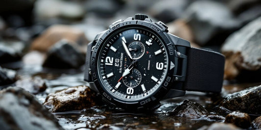 Water-resistant watch on rocky surface with water droplets.