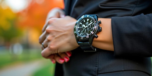 Stylish sports watch on a woman's wrist outdoors.