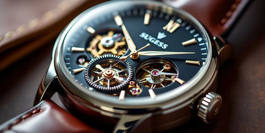 Close-up of a Sugess mechanical watch with leather strap.