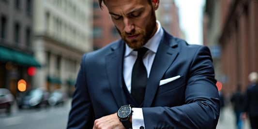 Man in suit looking at OUPINKE watch