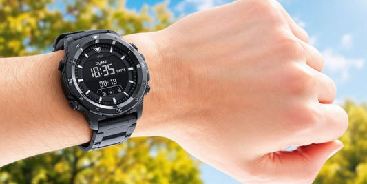 Dual calendar sports watch on wrist in outdoor setting.