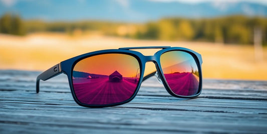 Designer sunglasses on a wooden surface with nature background.