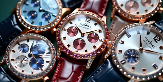 Five elegant OUPINKE watches in a semi-circle.