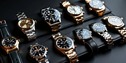 Ten luxury watches on a black surface