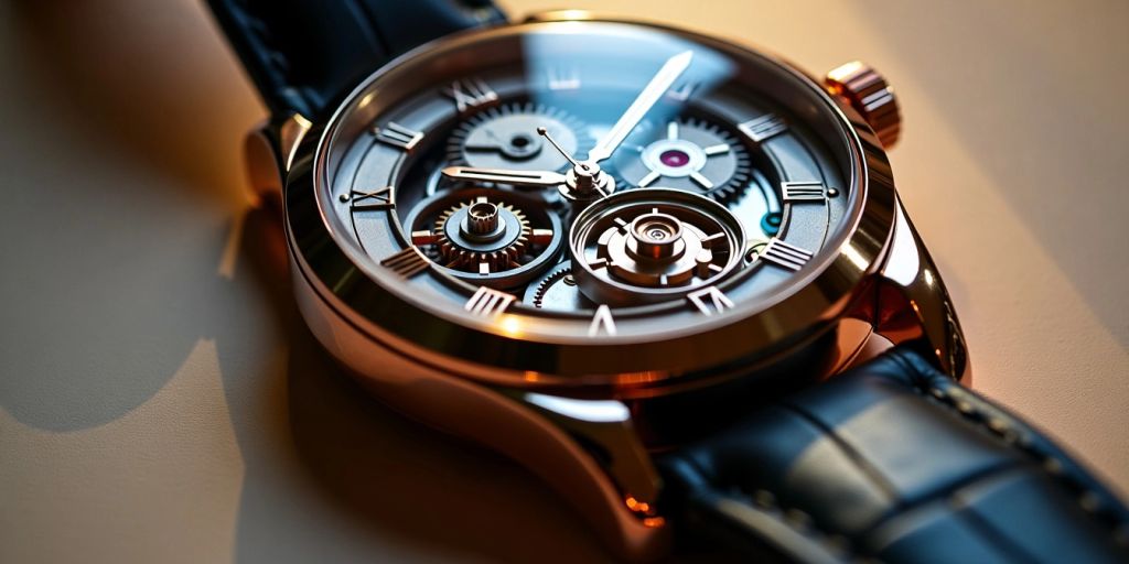 Close-up of a luxurious automatic watch with gears.
