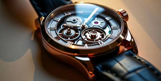 Close-up of a luxurious automatic watch with gears.