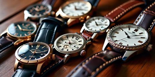 Elegant luxury watches for men on a wooden surface.