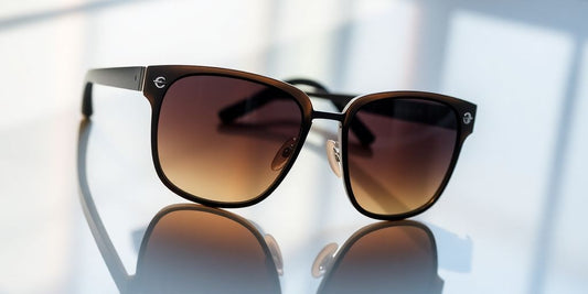 Luxury sunglasses on a reflective surface with natural lighting.