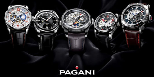 Five luxurious Pagani watches on a dark background.