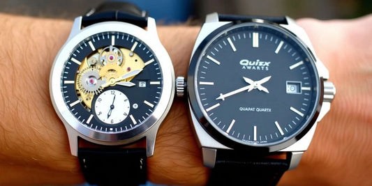 Two wristwatches: mechanical and quartz.