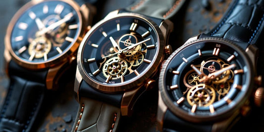 Three Pagani Design skeleton watches close-up