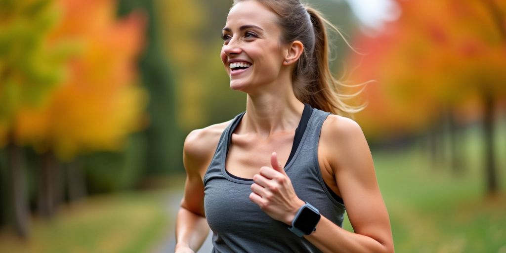 Woman jogging with a durable sports watch on wrist.