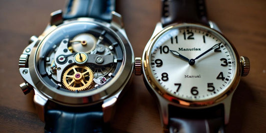 Close-up of automatic and manual watches side by side.