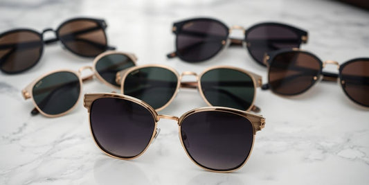 Luxury sunglasses arranged on a sleek marble surface.