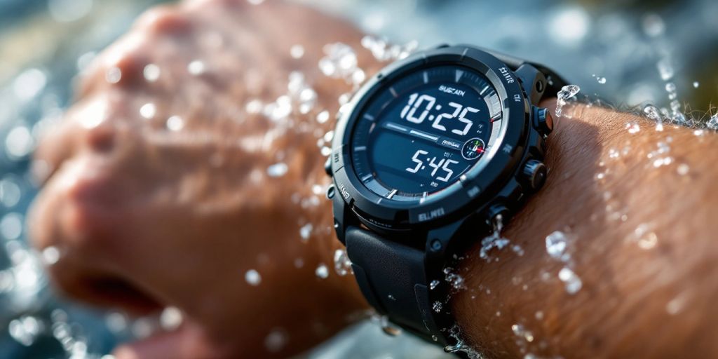 Rugged waterproof sports watch on wrist in action.