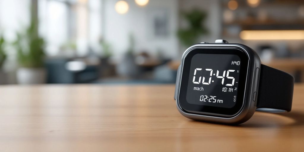 Men's electronic alarm watch on wooden table.