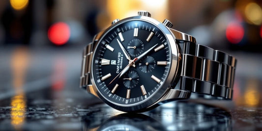 Luxury stainless steel watch against a blurred city background.