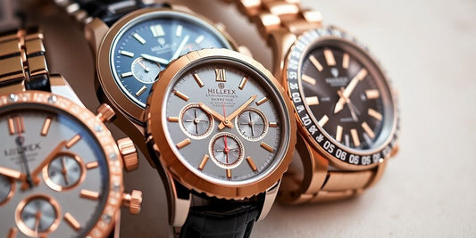 Close-up of luxurious, intricate watches with shining finishes.