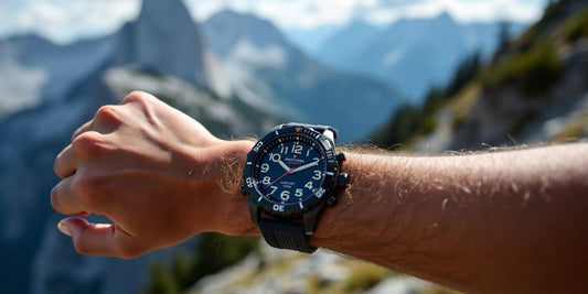 Athlete with sports watch in a stunning mountain setting.