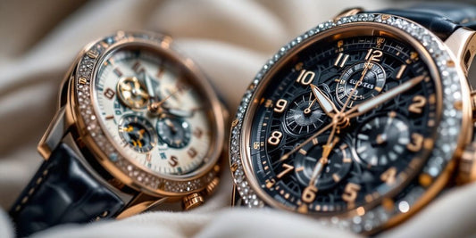 Close-up of luxury watches with intricate designs.