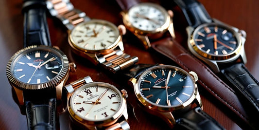 Five luxury watches on a wooden surface.