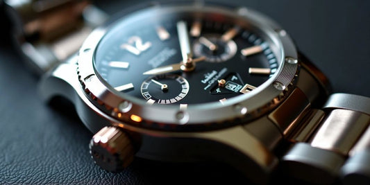 Close-up of a luxury watch with a polished metal band.