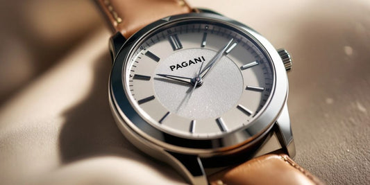 Elegant Pagani watch with leather strap and shimmering dial.