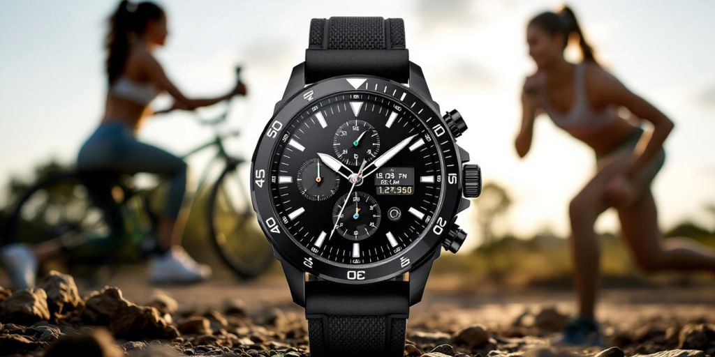Durable military sports watch on outdoor fitness backdrop.