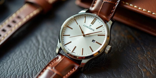 Close-up of an elegant luxury watch on a surface.