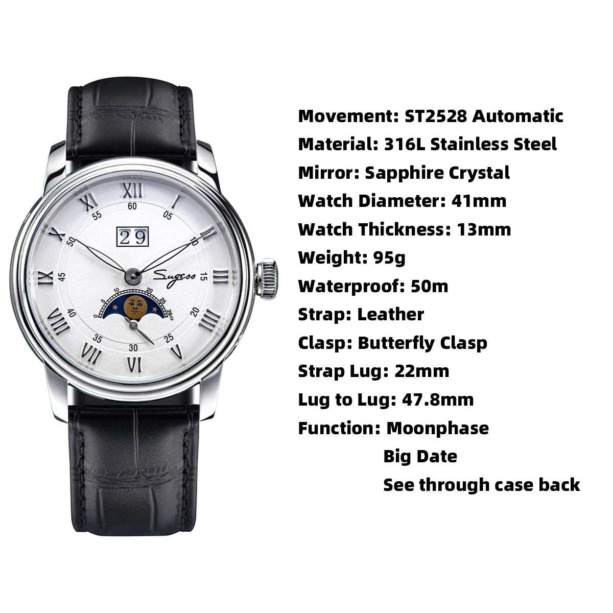 Sugess Automatic Moonphase Watch for Men – Sapphire, Seagull Movement