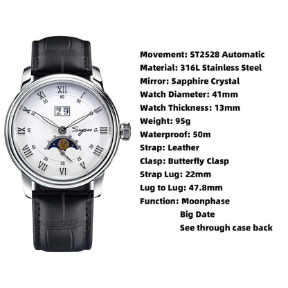 Sugess Automatic Moonphase Watch for Men – Sapphire, Seagull Movement