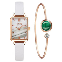 Fashionable Square Ladies Quartz Watch Set - Green Dial, Rose Gold Mesh, by AristoLuxe - AristoLuxe