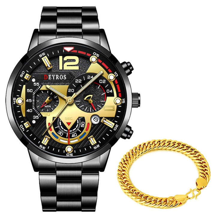 Men's Luxury Gold Bracelet Stainless Steel Quartz Calendar Watch - Business and Casual Luminous Clock for Men - AristoLuxe