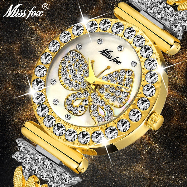 MissFox Butterfly Women's Watch: 18K Gold Plated Elegance with Lab Diamond